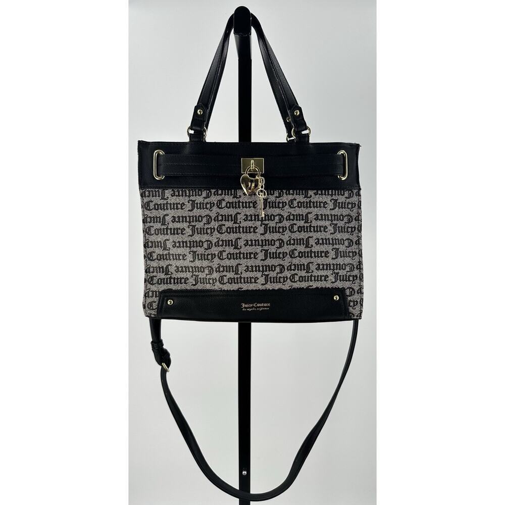 Juicy Couture Black Monogram Tote Shoulder Bag Gold Heart Lock Key Charm Purse